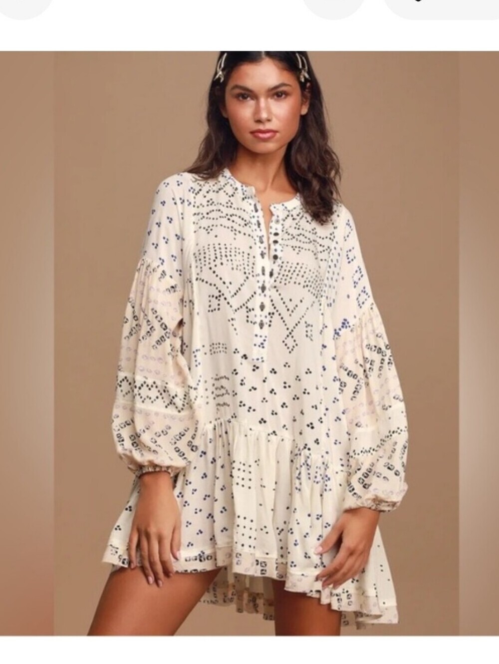 FREE PEOPLE Shibori Ivory Print Long Sleeve Button-Up Tunic Dress Womens XSmall